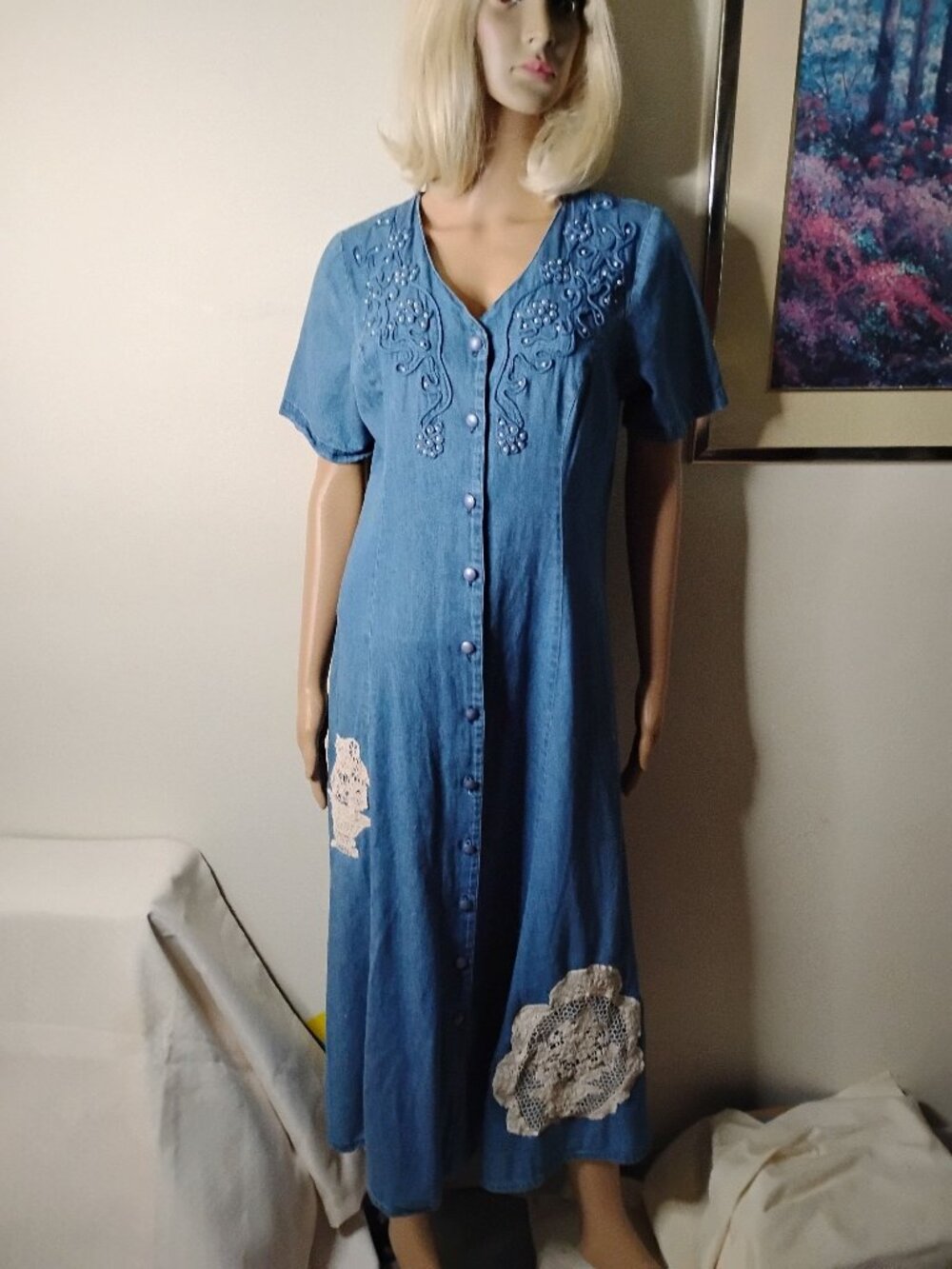 Denim Dress Antique Crochet Appliques S-M Maxi Pearls Upcycled D124.